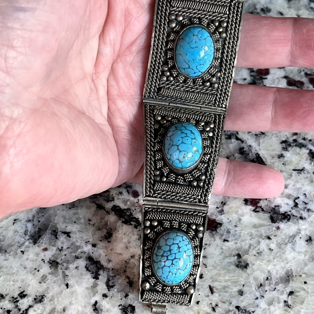 Antique Silver 925 and Blue Stone Cannetille Panel Bracelet Cuff